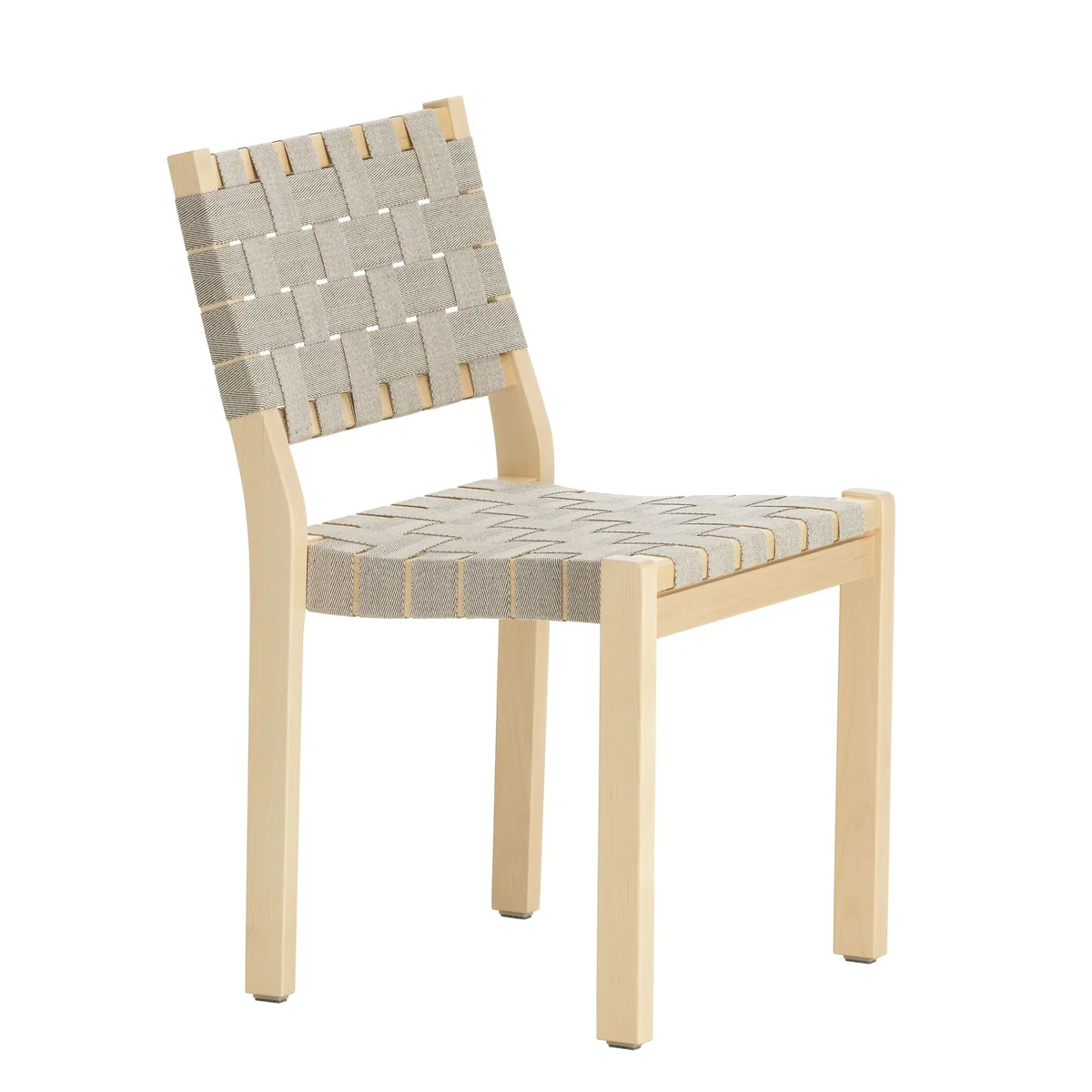 Artek - Chaise 611 , bouleau verni clair / bretelles en lin naturel à motifs noirs
