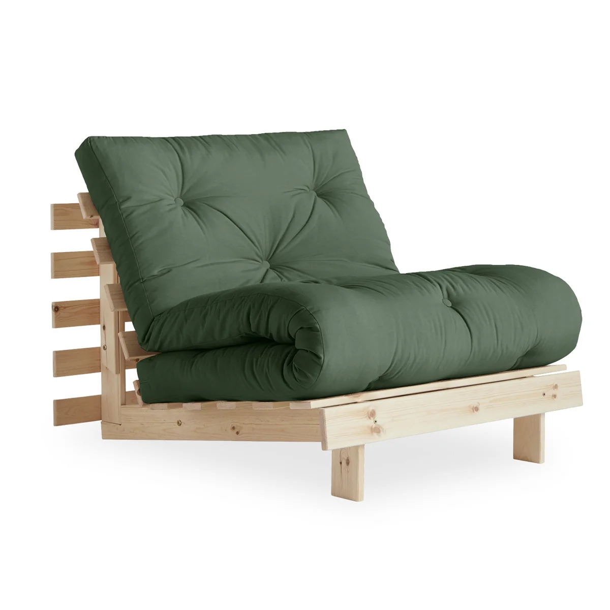 Karup - Fauteuil-lit « Roots » 90 cm, pin naturel / vert olive (756) Karup - Fauteuil-lit « Roots » 90 cm, pin naturel / vert olive (756)