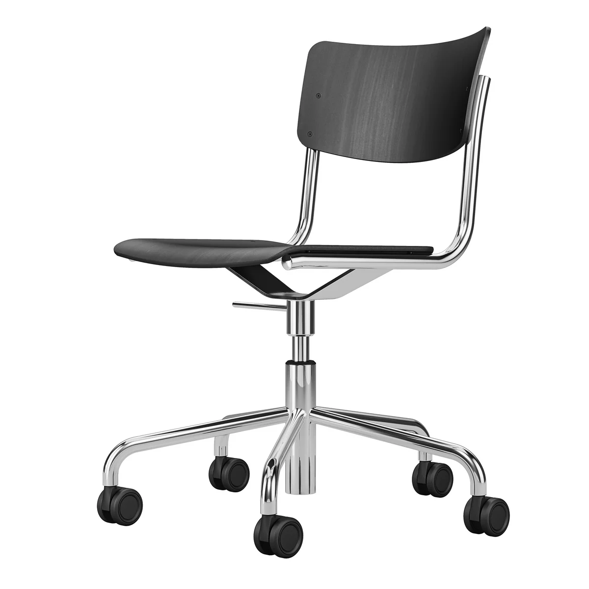 Thonet - S 43 DR Chaise de bureau piétement cinq étoiles avec roulettes, chrome / hêtre teinté noir