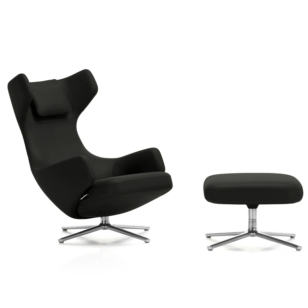 Vitra - Fauteuil « Grand Repos » et « Ottoman », cuir Premium F noir, aluminium poli (patins en feutre) Vitra - Fauteuil « Grand Repos » et « Ottoman », cuir Premium F noir, aluminium poli (patins en feutre)