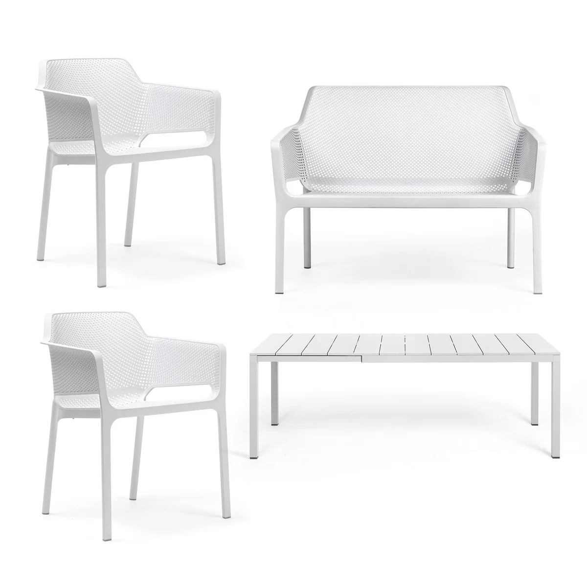 Nardi - Rio Alu Table à rallonges 140 + Net Banc + 2x Net Chaise à accoudoirs, blanc Nardi - Rio Alu Table à rallonges 140 + Net Banc + 2x Net Chaise à accoudoirs, blanc