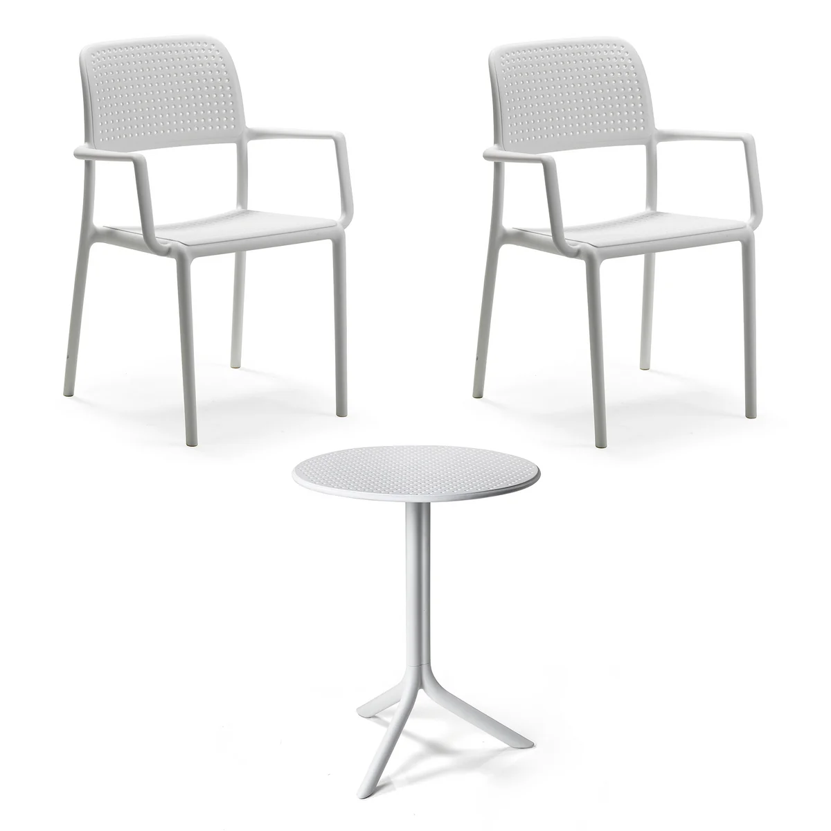Nardi - Chaise avec accoudoirs Bora (2x) + table Step, blanc Nardi - Chaise avec accoudoirs Bora (2x) + table Step, blanc