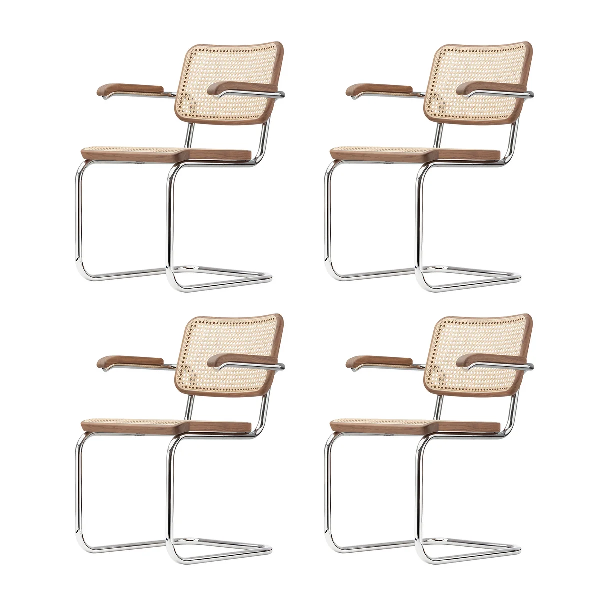 Thonet - S 64 V Chaise avec accoudoirs, chrome / noyer / cannage avec tissu de soutien en plastique (Pure Materials) (lot de 4)