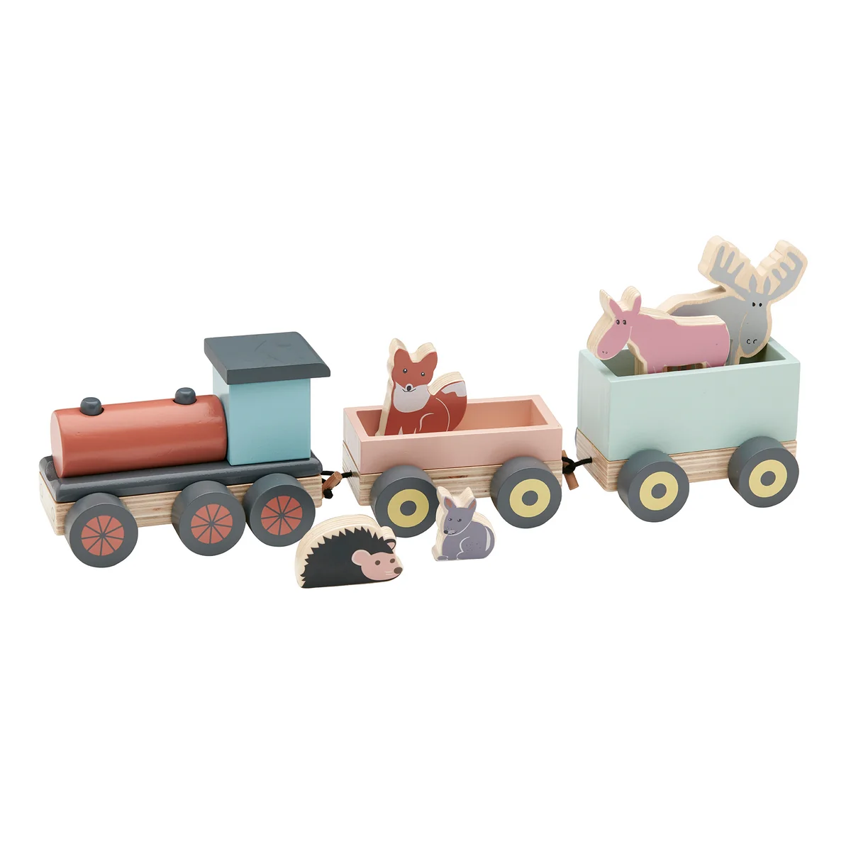 Kids Concept - Edvin Train avec animaux de la forêt, coloré (set de 8)