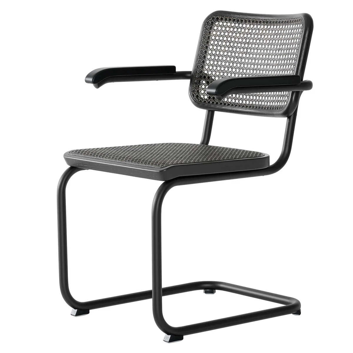 Thonet - S 64 V Chaise avec accoudoirs, noir RAL 9005 / chêne teinté / cannage avec tissu de soutien en plastique dark melange