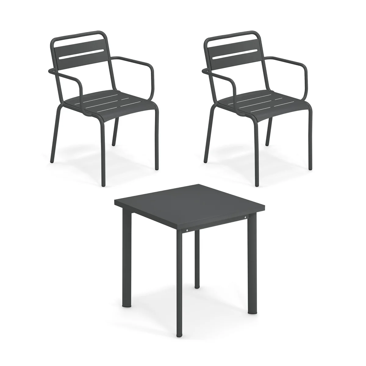 Emu - Star Outdoor Table 70 x 70 cm + chaise à accoudoirs (set de 2), fer antique