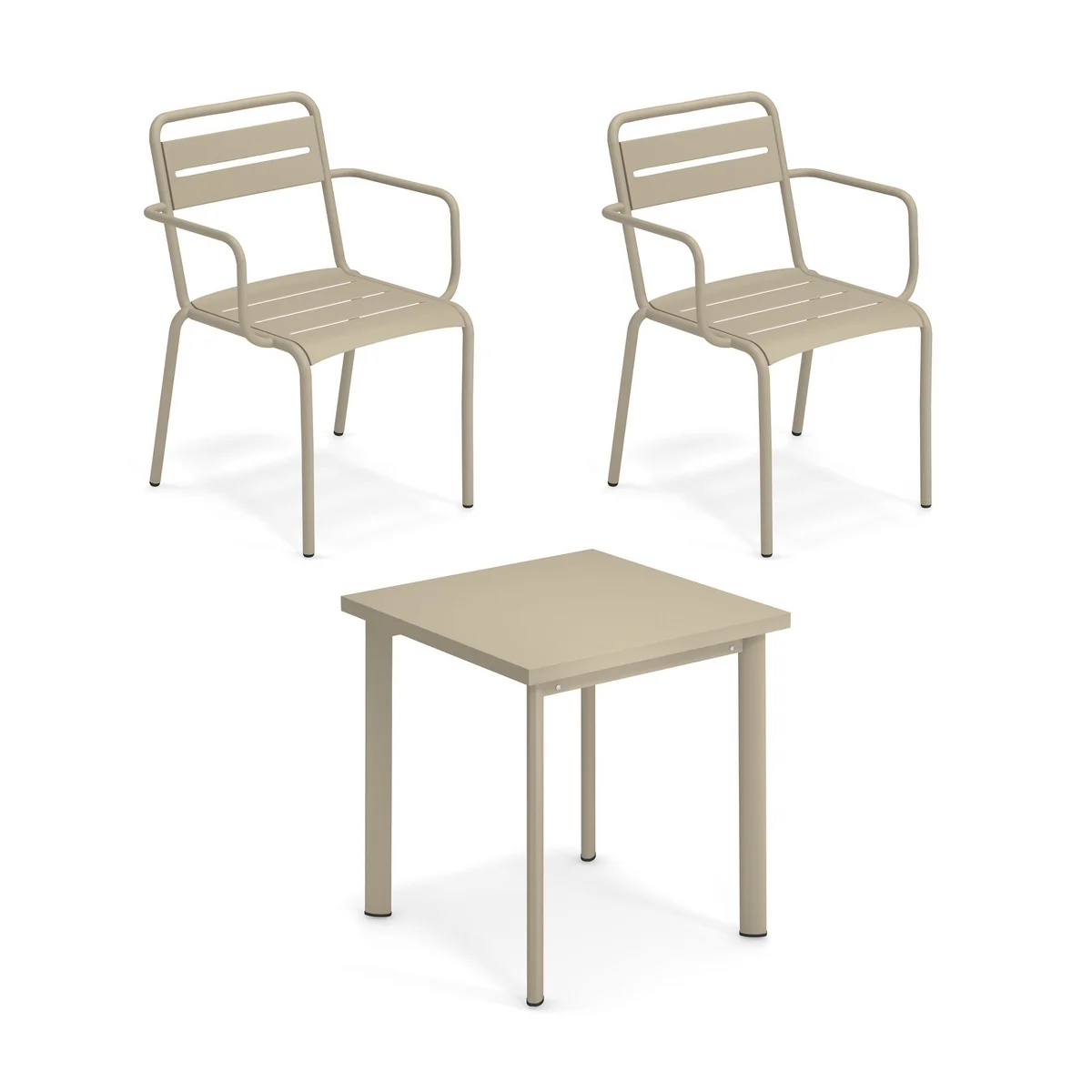 Emu - Star Outdoor Table 70 x 70 cm + chaise à accoudoirs (set de 2), taupe Emu - Star Outdoor Table 70 x 70 cm + chaise à accoudoirs (set de 2), taupe