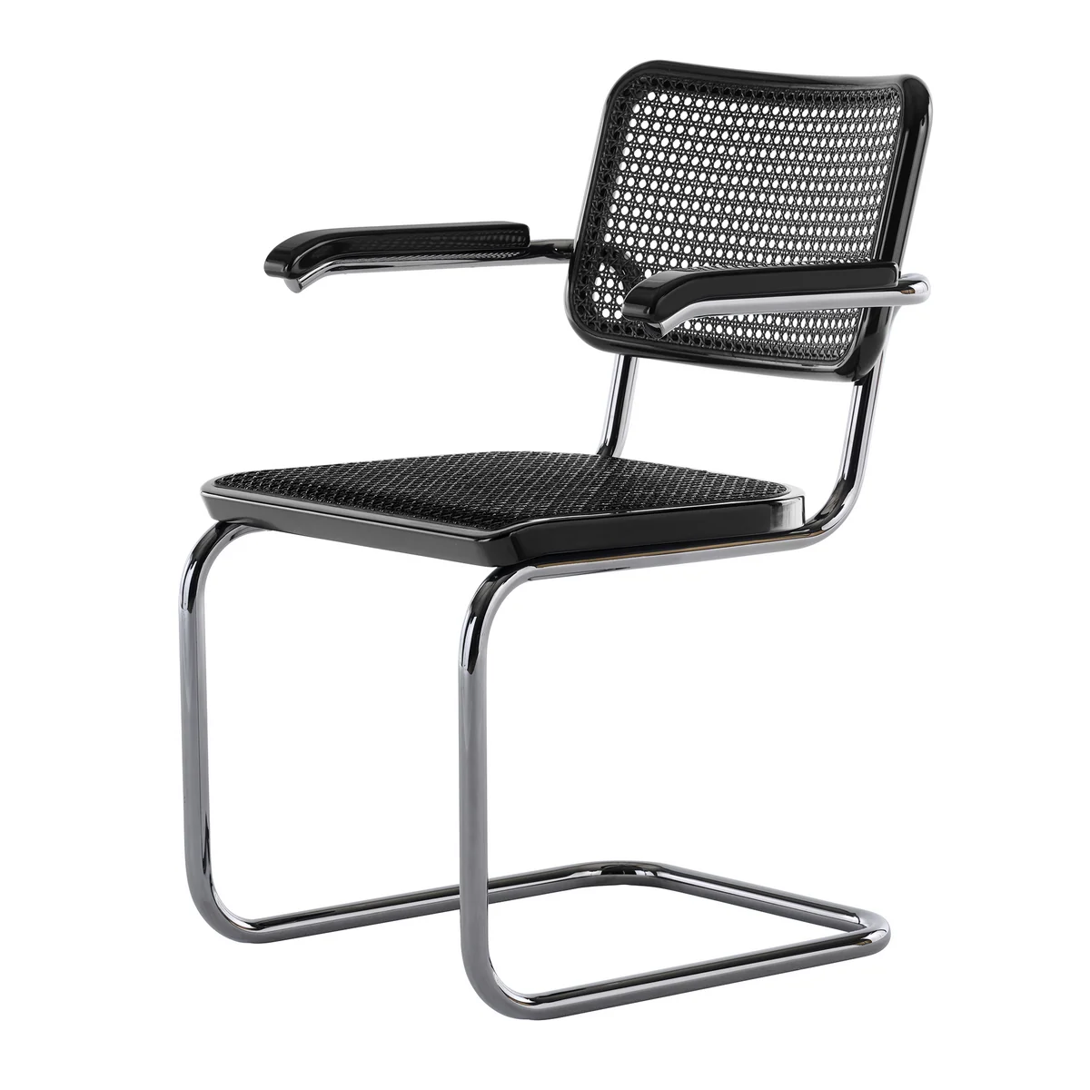 Thonet - JS. THONET a personal Interpretation by Jil Sander S 64 V Serious Chaise avec accoudoirs, Glossy Titan / hêtre high-gloss graphite black / cannage avec tissu de soutien en plastique
