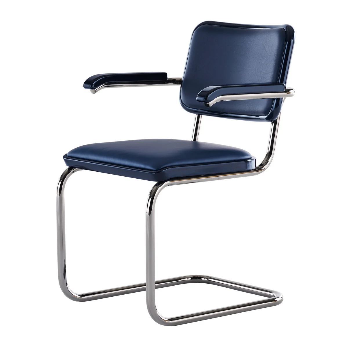 Thonet - JS. THONET a personal Interpretation by Jil Sander S 64 V Serious Fauteuil, Glossy Titan / hêtre high-gloss graphite blue / Cuir graphite blue Thonet - JS. THONET a personal Interpretation by Jil Sander S 64 V Serious Fauteuil, Glossy Titan / hêtre high-gloss graphite blue / Cuir graphite blue