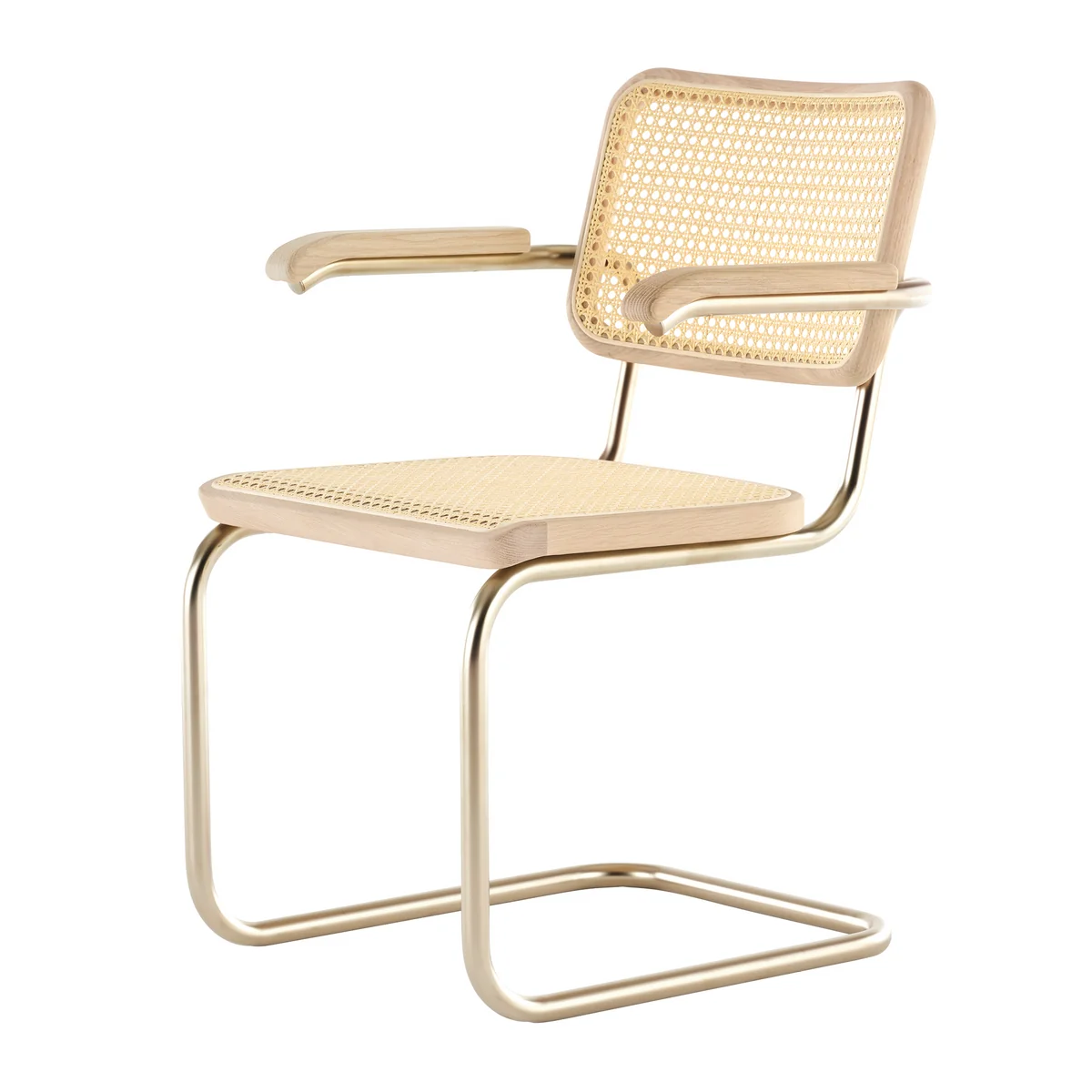 Thonet - JS. THONET a personal Interpretation by Jil Sander S 64 V Nordic Chaise avec accoudoirs, Nickelsilver / chêne blanc pigmenté / cannage avec tissu de soutien en plastique
