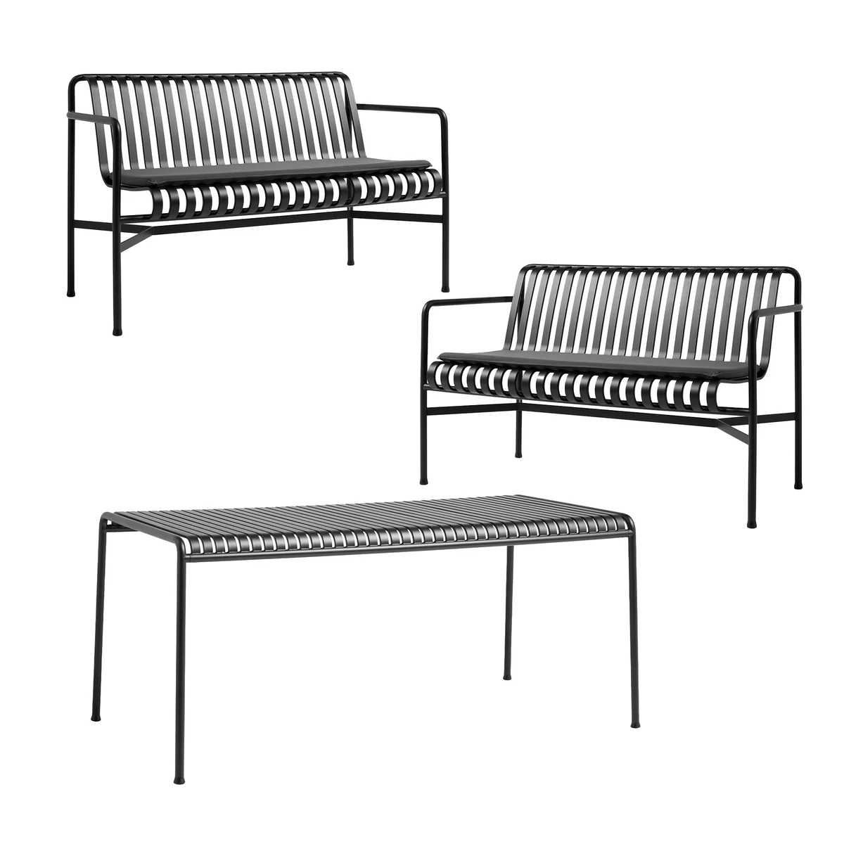 HAY - Palissade Table + 2x Dining Bench avec coussin d'assise, anthracite