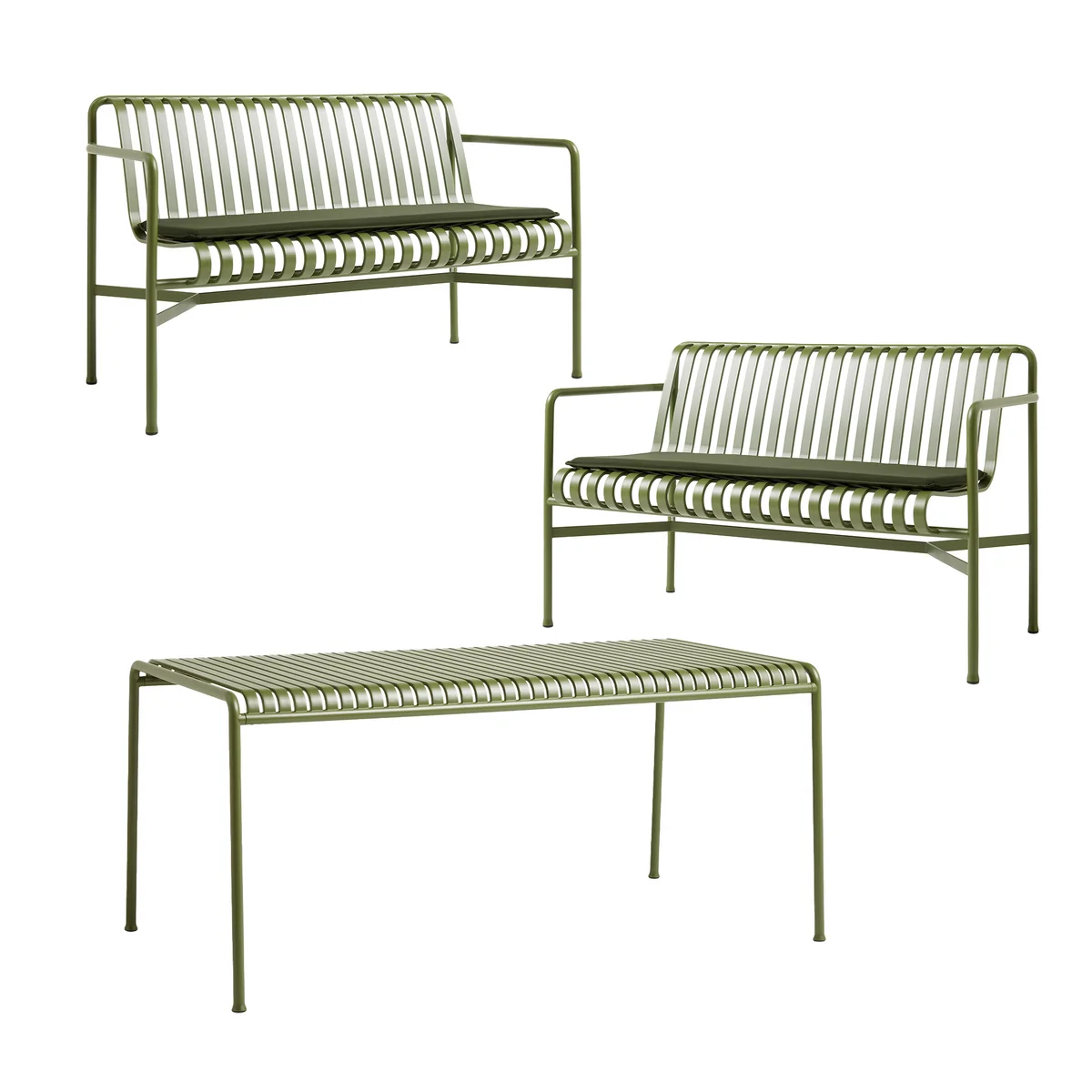 HAY - Palissade Table + 2x Dining Bench avec coussin d'assise, olive HAY - Palissade Table + 2x Dining Bench avec coussin d'assise, olive