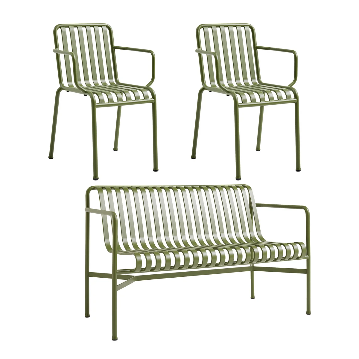 HAY - Palissade Dining Bench + 2x chaise avec accoudoirs, olive HAY - Palissade Dining Bench + 2x chaise avec accoudoirs, olive