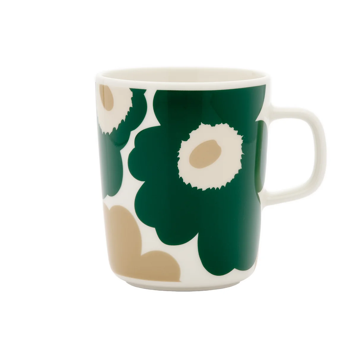 Marimekko - Oiva Unikko Tasse à anse 250 ml, blanche / vert foncé / beige / sable clair Marimekko - Oiva Unikko Tasse à anse 250 ml, blanche / vert foncé / beige / sable clair