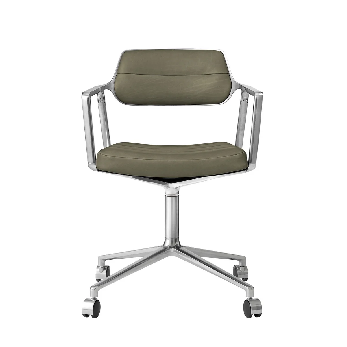 Vipp - 453 Chaise pivotante à roulettes, aluminium poli / cuir vert « bosco » Vipp - 453 Chaise pivotante à roulettes, aluminium poli / cuir vert « bosco »