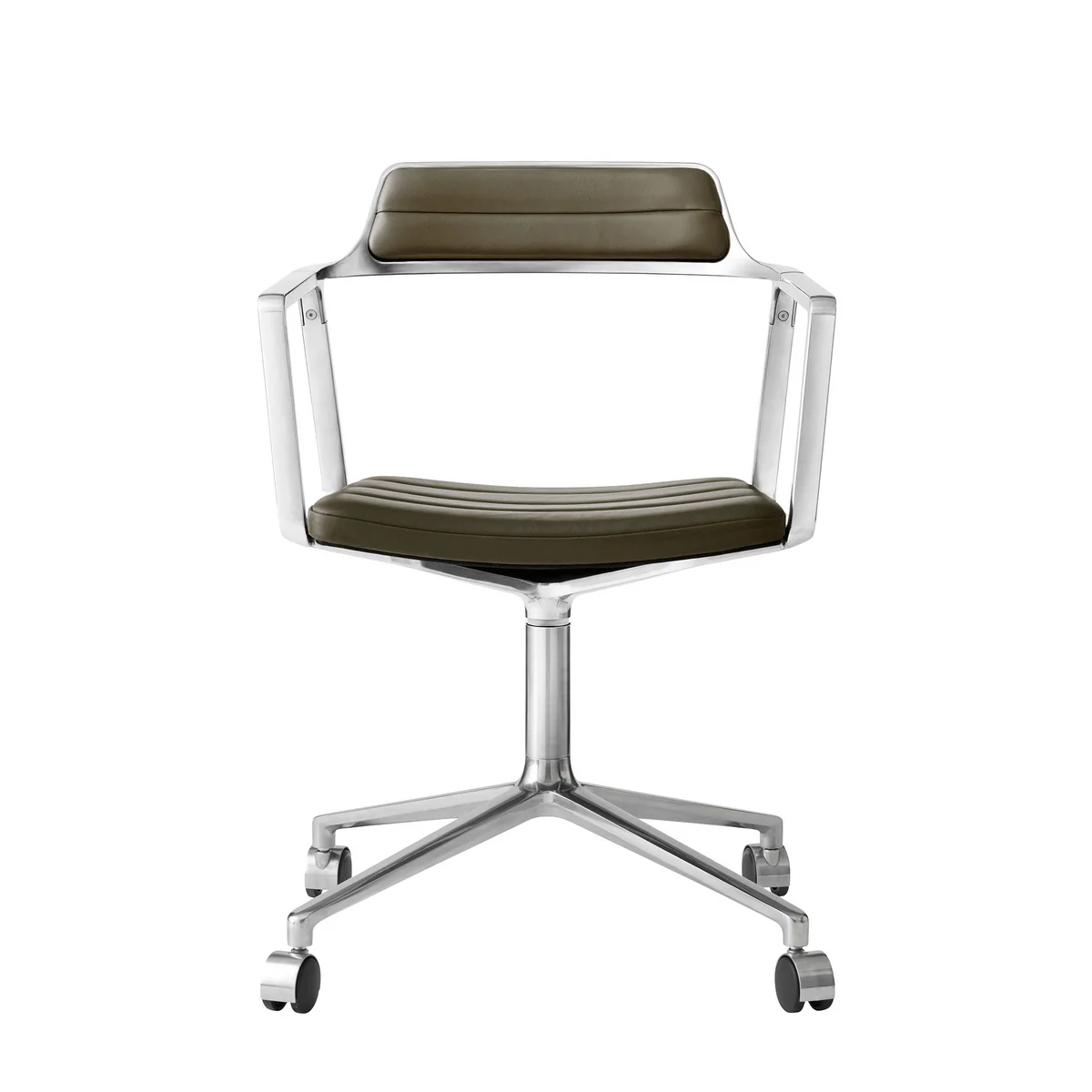 Vipp - 452 Swivel Chaise pivotante à roulettes, aluminium poli / cuir vert « bosco » Vipp - 452 Swivel Chaise pivotante à roulettes, aluminium poli / cuir vert « bosco »