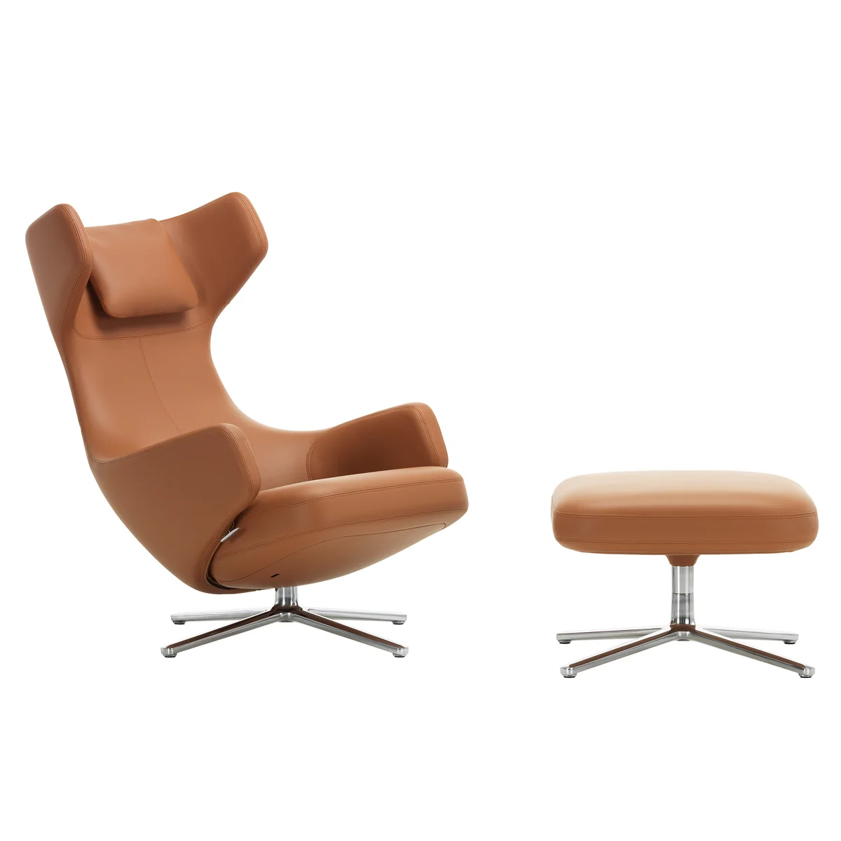 Vitra - Fauteuil « Grand Repos » et « Ottoman », cuir Premium F couleur cognac, aluminium poli (patins en feutre) Vitra - Fauteuil « Grand Repos » et « Ottoman », cuir Premium F couleur cognac, aluminium poli (patins en feutre)