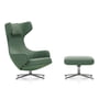 Vitra - Grand Repos Fauteuil et Ottoman, Cosy 2 vert écaille (couture au point de croix) / aluminium poli (patins en feutre)