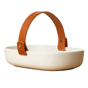 Marimekko - Oiva Plat de service avec poignée en cuir, 1 3. 5 x 20 cm, blanc / cognac