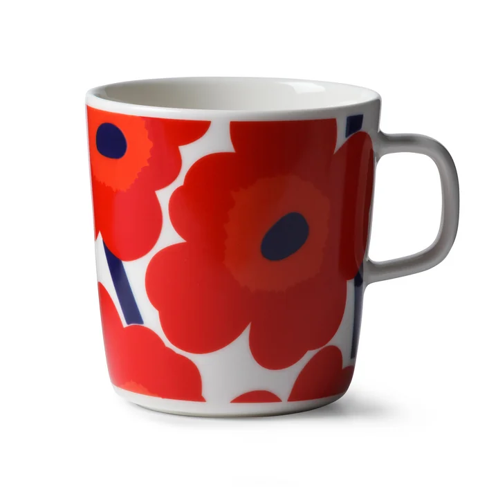 Oiva Unikko Gobelet avec anse 400 ml de Marimekko en blanc / rouge