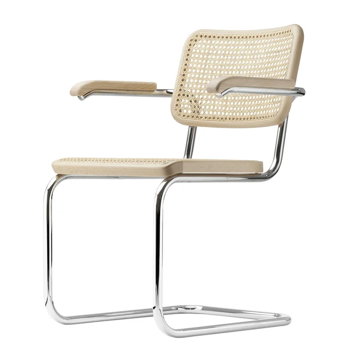 S 64 V Chaise avec accoudoirs de Thonet en chrome / hêtre naturel (TP 17) / cannage avec tissu de soutien en plastique