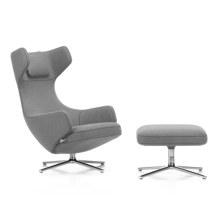 Grand Repos Fauteuil et Ottoman de Vitra en gris clair (01 galet) / aluminium poli (patins en feutre)