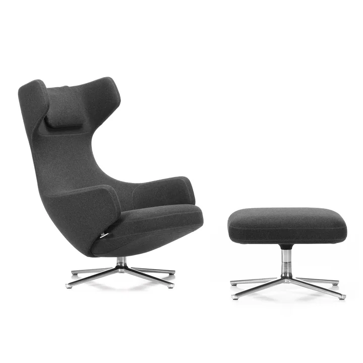 Grand Repos Fauteuil et Ottoman de Vitra en Cosy gris (10 classic grey) / aluminium poli (patins en feutre)
