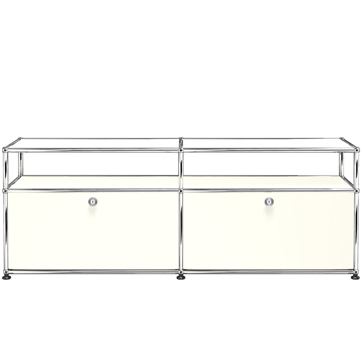 USM Haller - Le meuble TV/Hifi Lowboard M avec deux portes à rabat et surfaces de rangement, blanc pur (RAL 9010) dans le salon