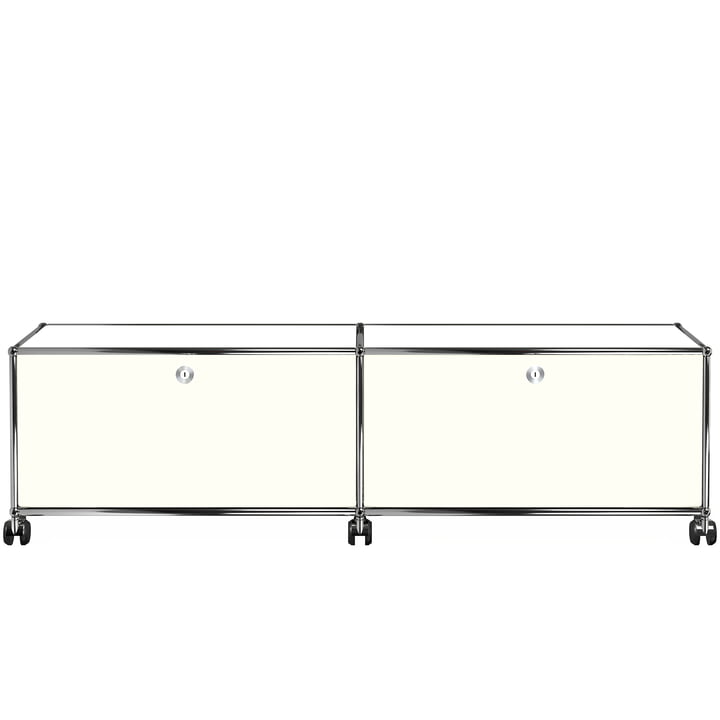 USM Haller - Le meuble TV/Hifi Lowboard M avec deux portes à rabat et roulettes, blanc pur (RAL 9010)
