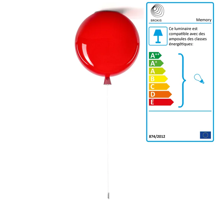 Plafonnier à mémoire Brokis - Ø 40 x H 41,5 cm, rouge / câble blanc