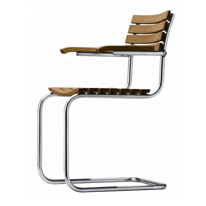 S 40 F F Fauteuil d'extérieur, structure ronde en tube d'acier inoxydable / siège et dossier Iroko huilé par Thonet 