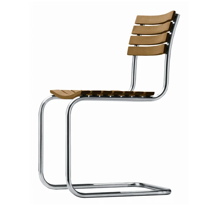 S 40 Chaise d'extérieur, piétement acier inox tube rond / assise et dossier Iroko huilé par Thonet 