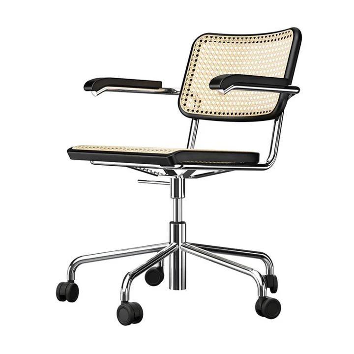 S 64 VDR Siège de travail VDR, chromé / hêtre teinté noir (TP 29) / résille de canne avec support en tissu plastique par Thonet