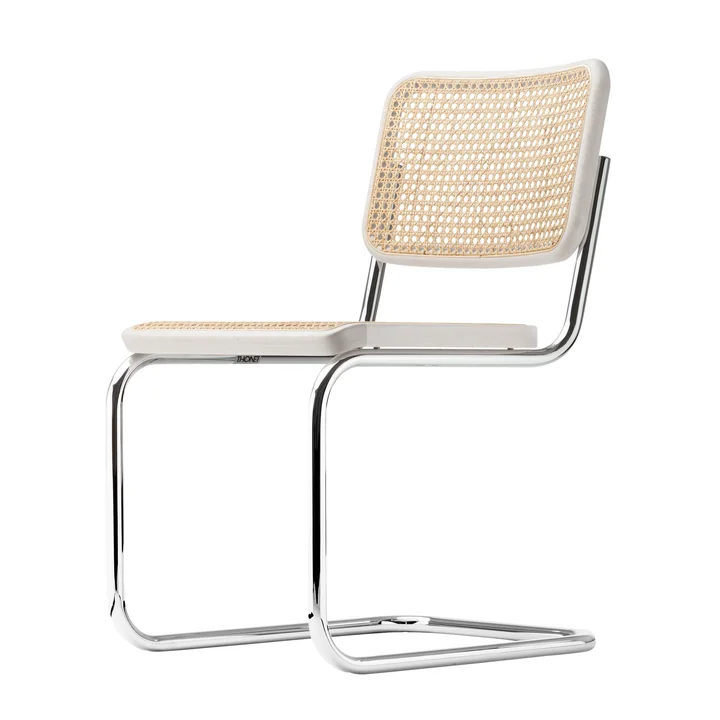 S 32 Chaise V de Thonet en chrome / hêtre lasuré blanc (TP 200) / cannage avec tissu de soutien