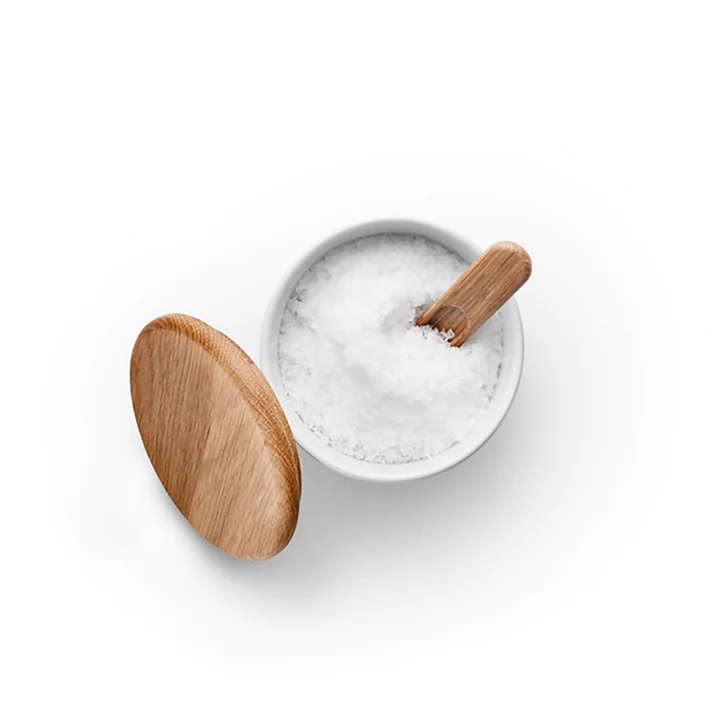 Boîte à sel Legio Nova avec couvercle & Cuillère d'Eva Trio en chêne / blanc