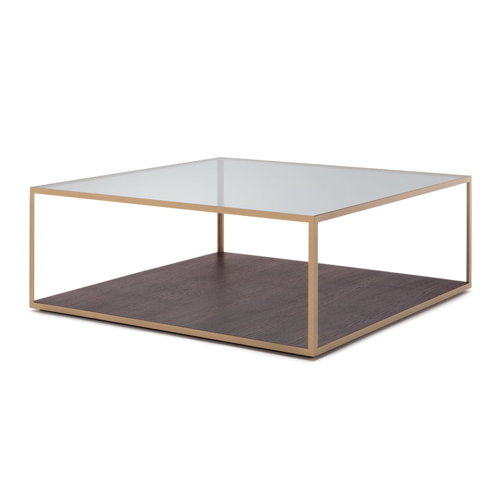 181 Table d'appoint 80 x 80 cm style libre en verre clair / chêne foncé / acier perlé or (RAL 1036)