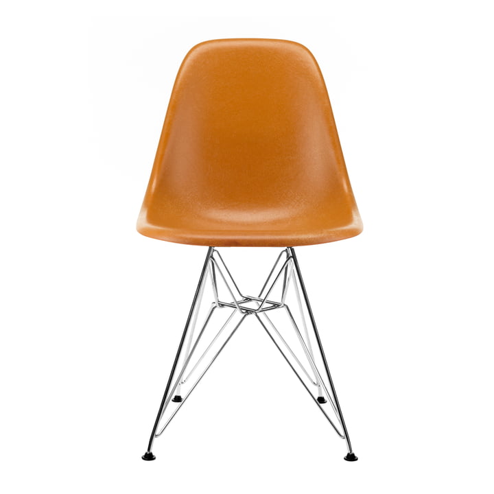 Eames Fiberglass Side Chair DSR de Vitra en chrome / Eames ocre foncé