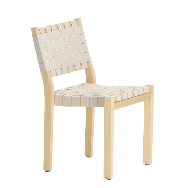 Chaise 611 by Artek en merisier merisier laqué clair / sangles en lin blanc nature à motifs