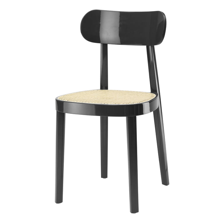 118 Chaise, osier avec tissu de support en plastique / hêtre noir verni brillant par Thonet