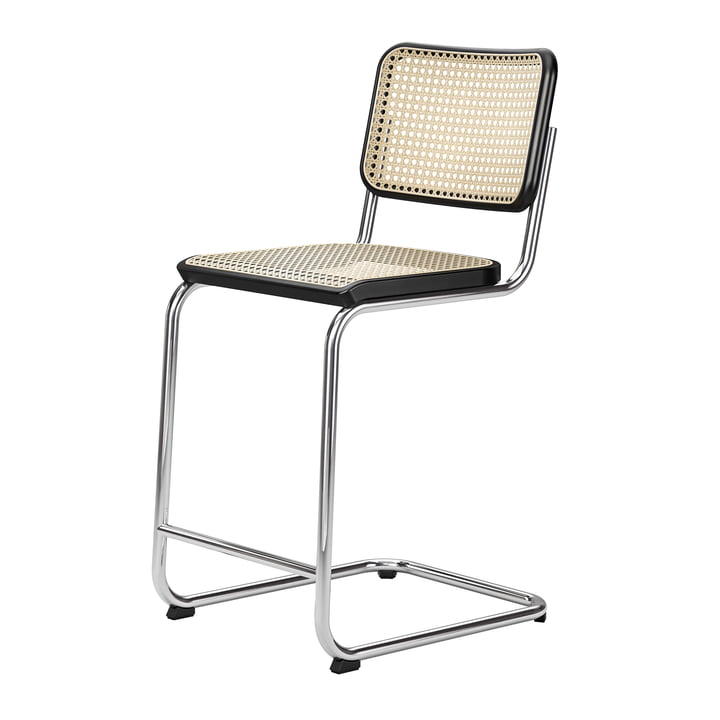 S 32 VHT fauteuil de Thonet bar SH 64 cm en chrome / hêtre teinté noir / cannage avec tissu de soutien