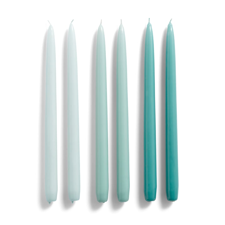 Bougies Conical H 33 cm, bleu glace / bleu arctique / sarcelle (lot de 6) par Hay .
