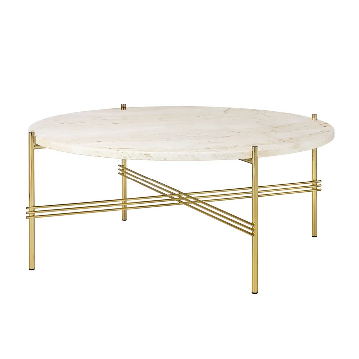 Travertine Table basse, Ø 80 cm, laiton / blanc par Gubi