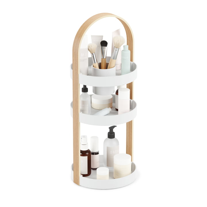 L'organisateur Bellwood de Umbra en blanc / nature avec des produits cosmétiques