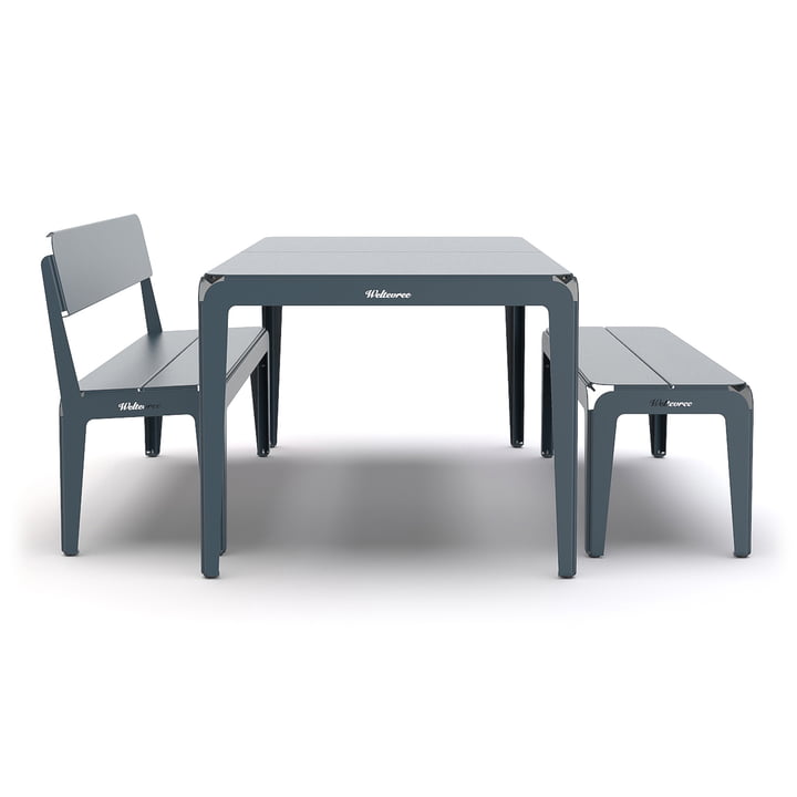 La table et le banc de la série Bended de Weltevree en gris-bleu