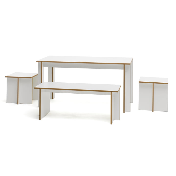 Banc, tabouret et table de Tojo en blanc