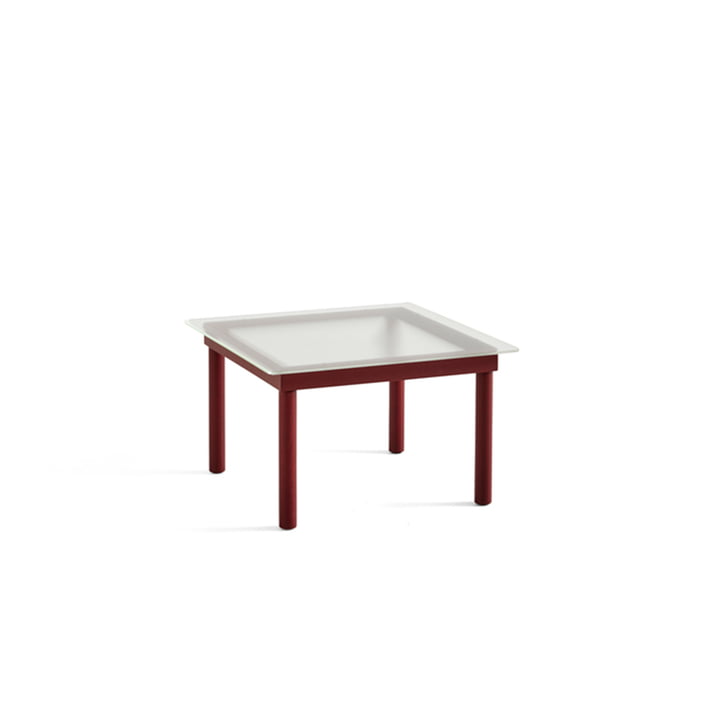Kofi Table basse avec plateau en verre de Hay, dimensions 60 x 60 cm, couleur rouge foncé/clair, aspect strié.