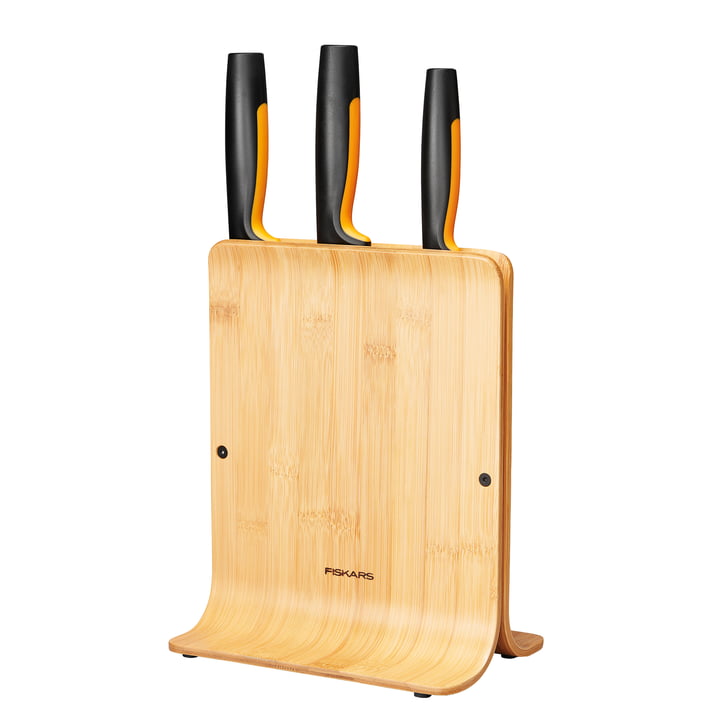 Functional Form Bloc à couteaux en bambou avec 3 couteaux de Fiskars (4 pièces)