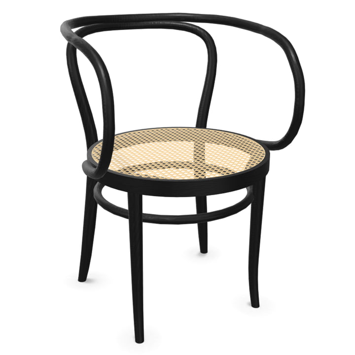 209 Chaise en bois courbé, cannage avec tissu de soutien en plastique / frêne laqué naturel noir (Pure Materials) de Thonet