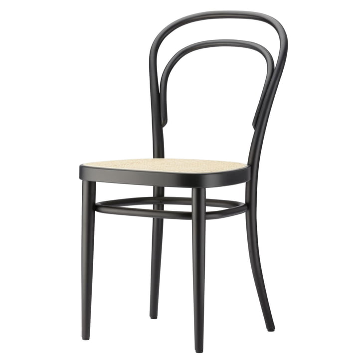 214 Chaise en bois courbé, cannage avec tissu de soutien en plastique / frêne laqué naturel noir (Pure Materials) de Thonet