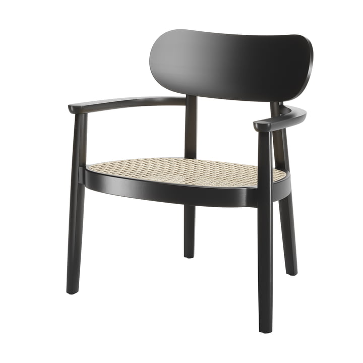 119 F Lounge Chaise, hêtre teinté noir / cannage avec tissu de soutien en plastique de Thonet